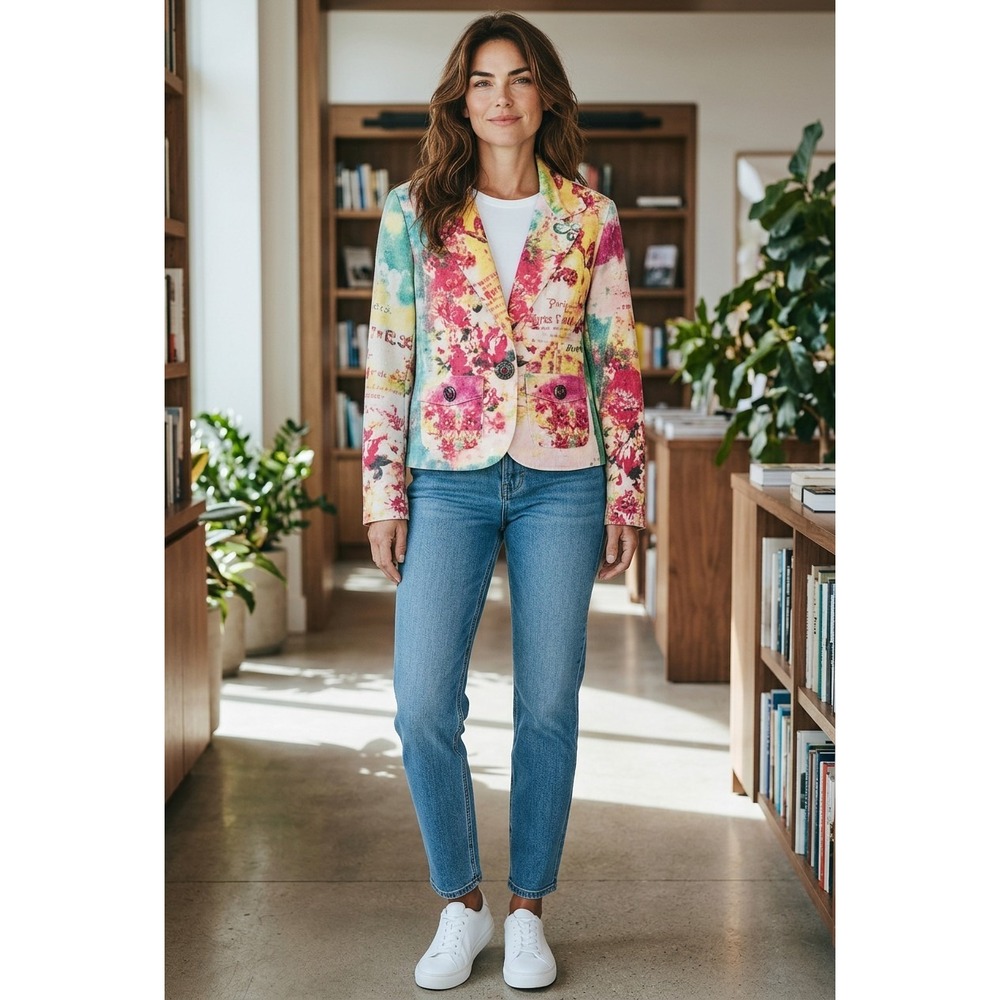 Colorful Floral Blazer Jacket M Watercolor Print Sequin Detail, Statement Piece